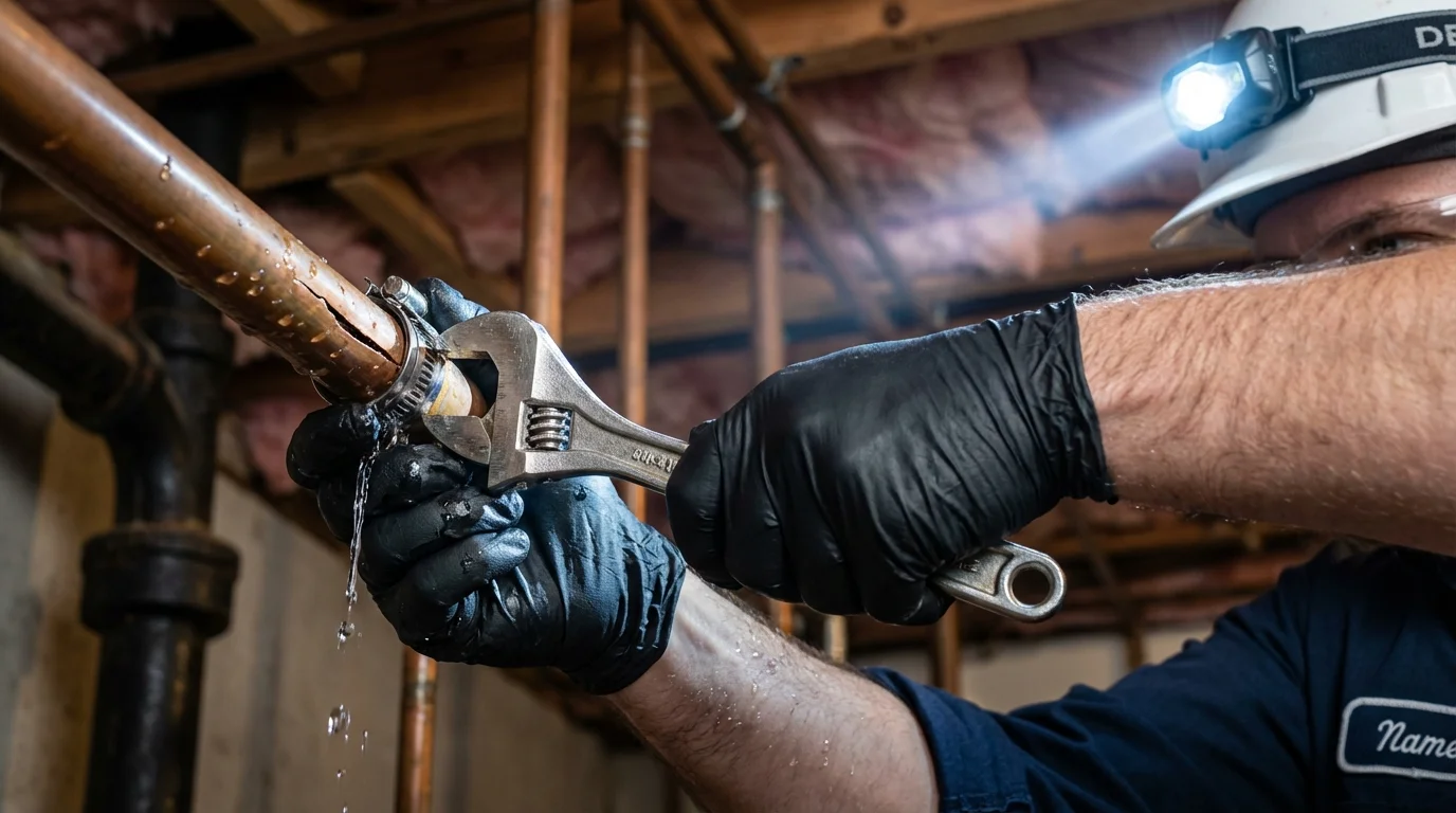 Emergency pipe clamp repair being performed by a Johns Plumbing LLC plumber in Gulf Breeze