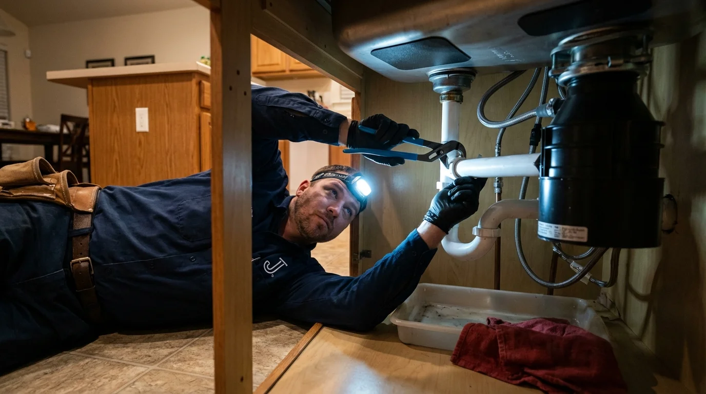 P-trap and supply line connections under a kitchen sink showing a common leak point in Gulf Breeze, FL